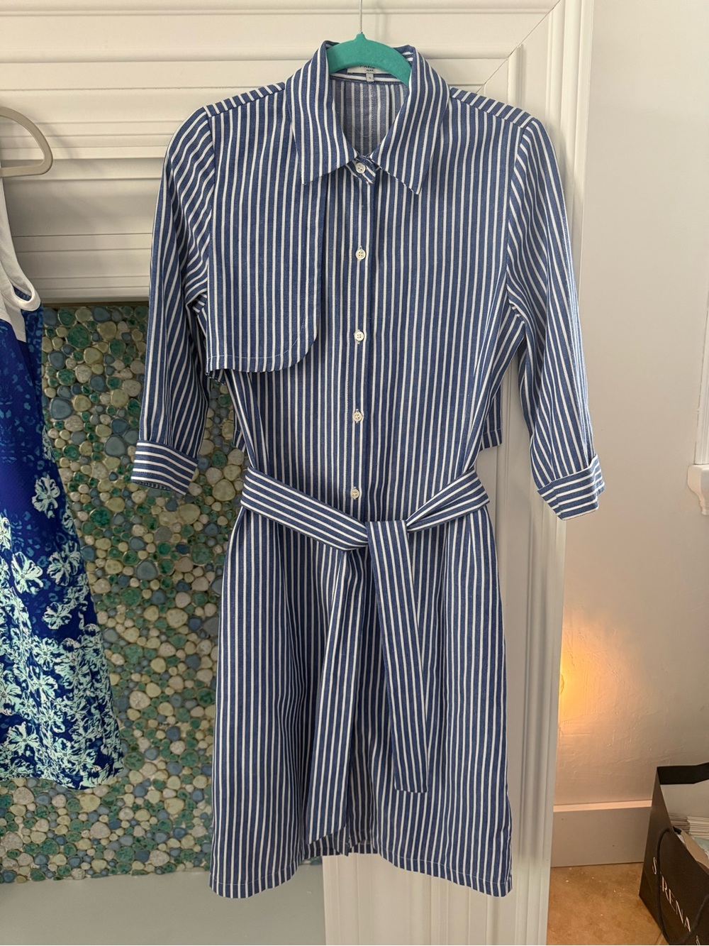 FRNCH Blue and White Striped Midi Shirt Dress NWOT